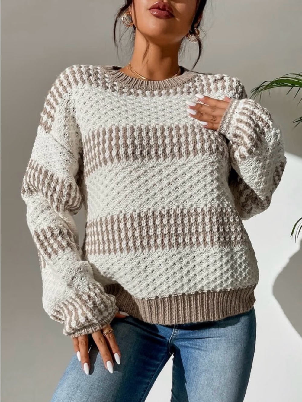 Cozy Striped Knit Sweater - Cream & Taupe.  Size XL.  NWOT